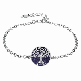 Sterling Silver Blue Goldstone Round Tree of Life Chain Bracelet