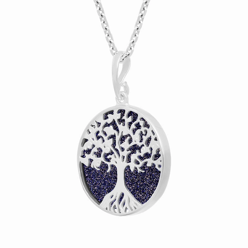 Sterling Silver Blue Goldstone Round Tree of Life Necklace
