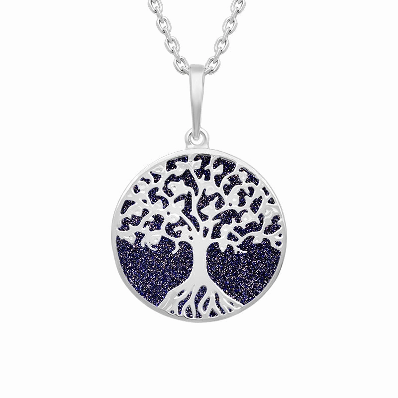 Sterling Silver Blue Goldstone Round Tree of Life Necklace