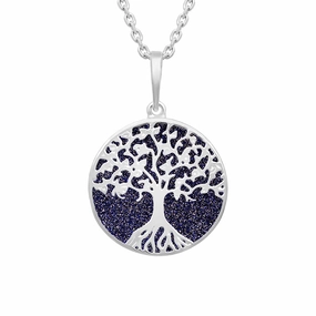 Sterling Silver Blue Goldstone Round Tree of Life Necklace