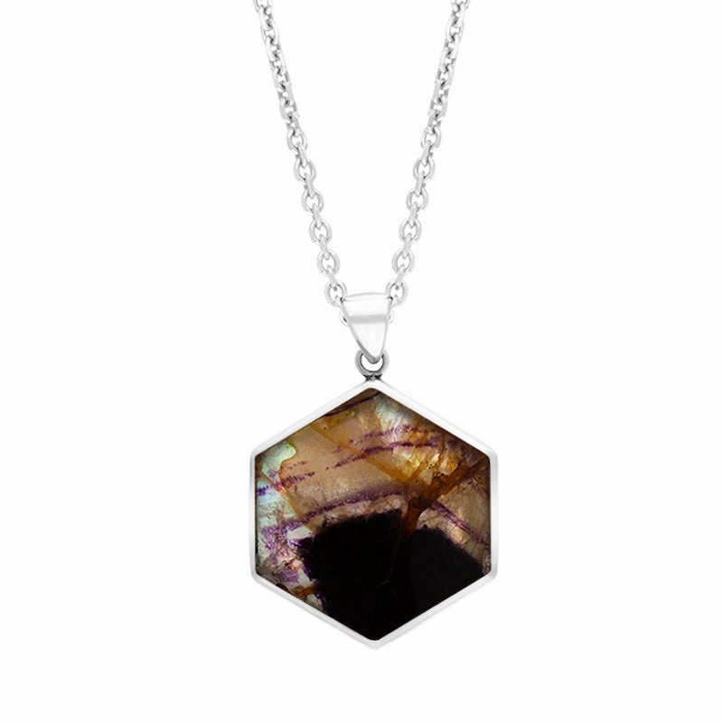 Sterling Silver Blue John Chatsworth House & Garden Reversible Hexagon Necklace D