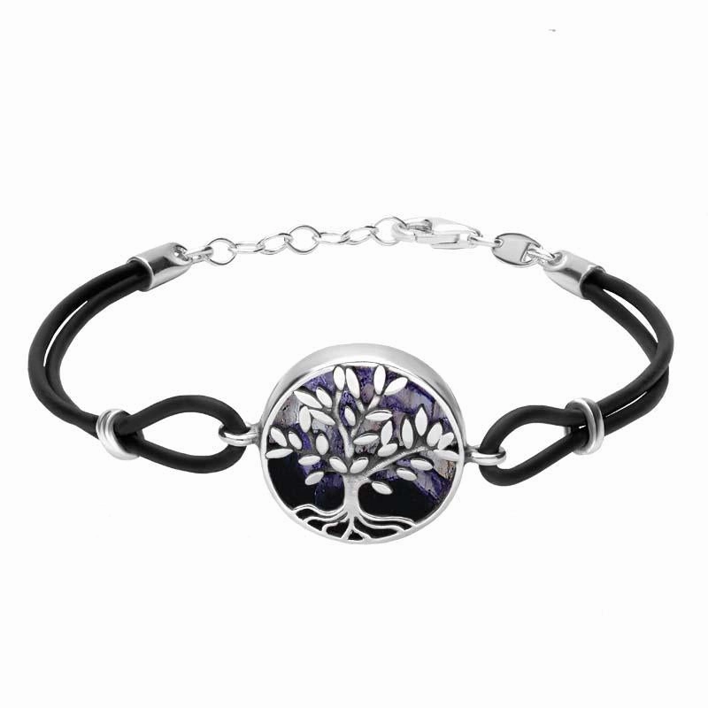Sterling Silver Blue John Cord Round Large Leaves Tree of Life Bracelet