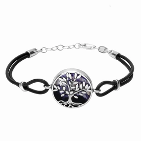 Sterling Silver Blue John Cord Round Large Leaves Tree of Life Bracelet