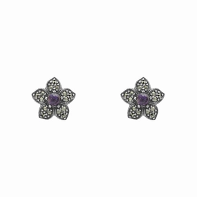 Sterling Silver Blue John Marcasite Flower Stud Earrings