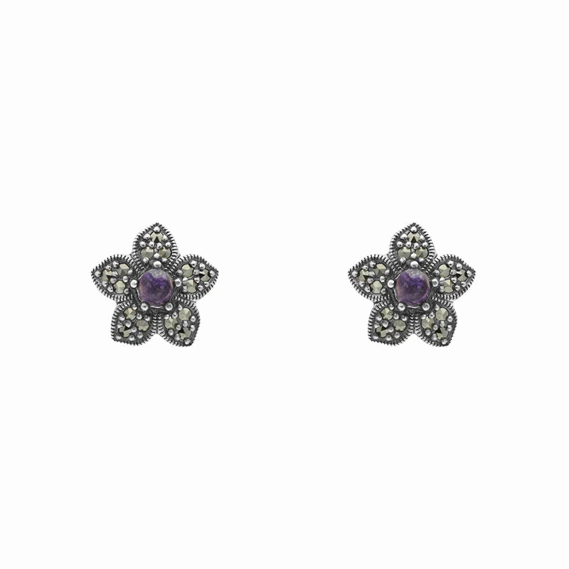 Sterling Silver Blue John Marcasite Flower Stud Earrings