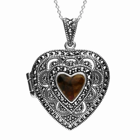 Sterling Silver Blue John Marcasite Heart Shaped Vintage Style Locket Necklace