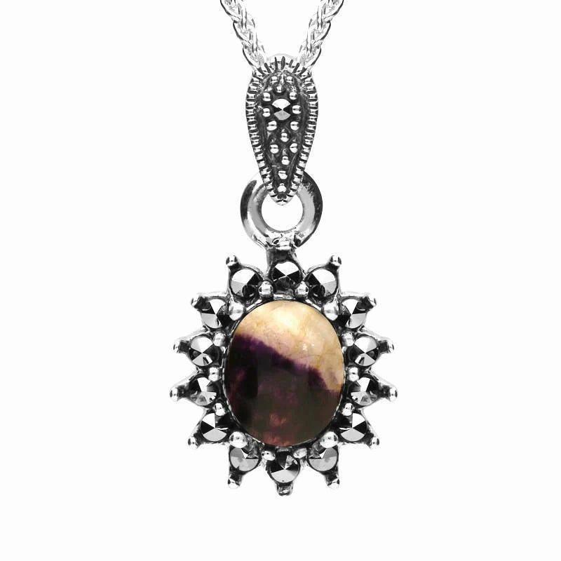 Sterling Silver Blue John Marcasite Oval Bead Edge Necklace