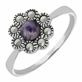 Sterling Silver Blue John Marcasite Round Beaded Edge Ring