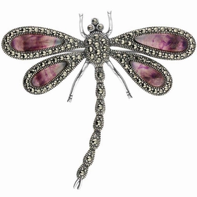 Sterling Silver Blue John Marcasite Style & Fashion Large Dragonfly Brooch