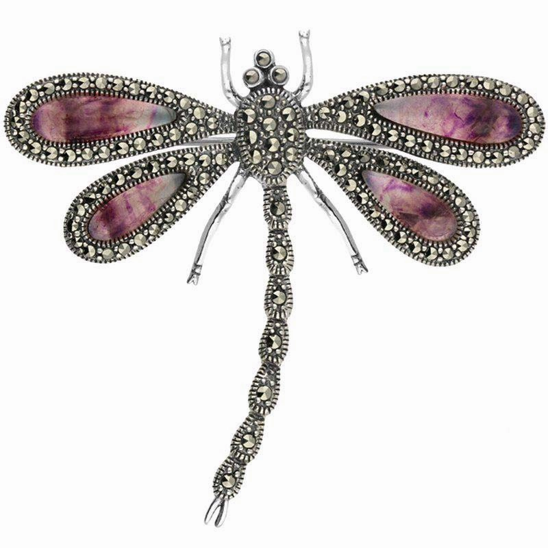 Sterling Silver Blue John Marcasite Style & Fashion Large Dragonfly Brooch