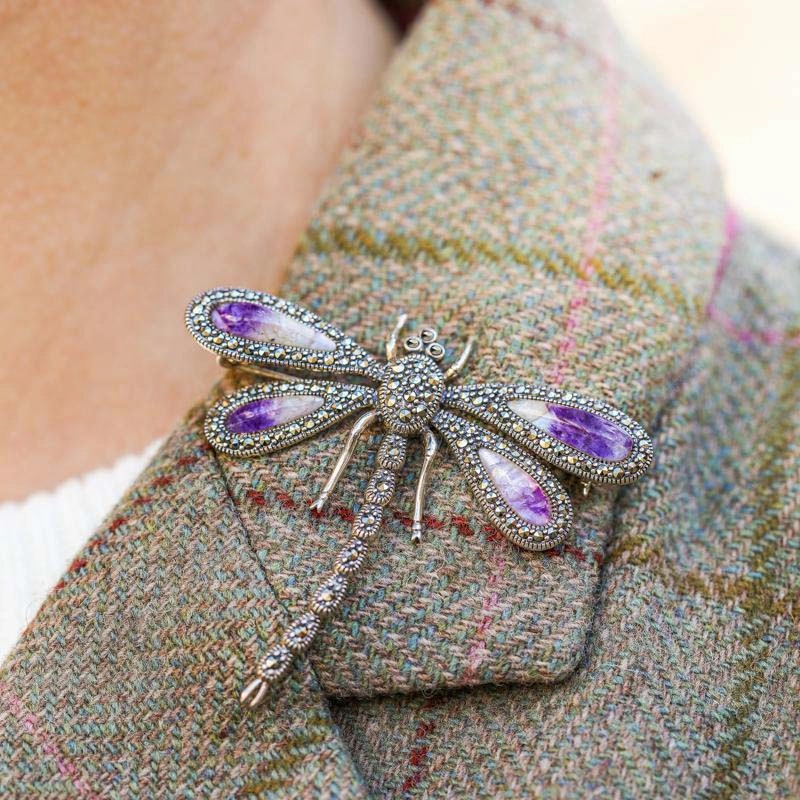 Sterling Silver Blue John Marcasite Style & Fashion Large Dragonfly Brooch