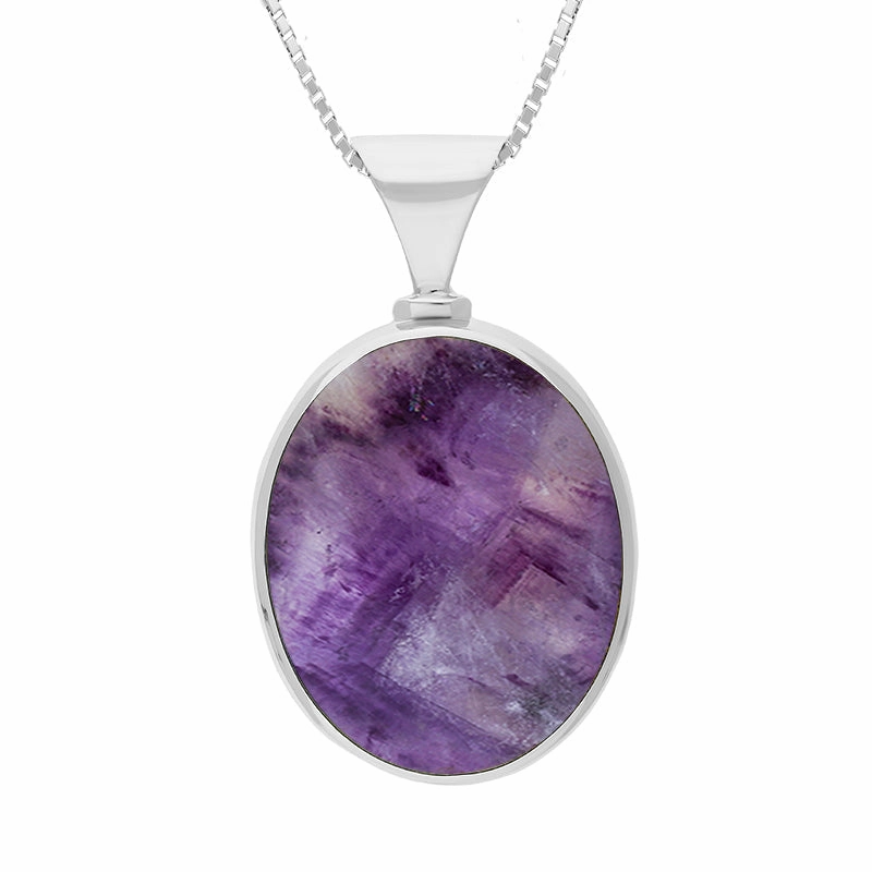 Sterling Silver Blue John Mother of Pearl Hallmark Double Sided Oval Necklace