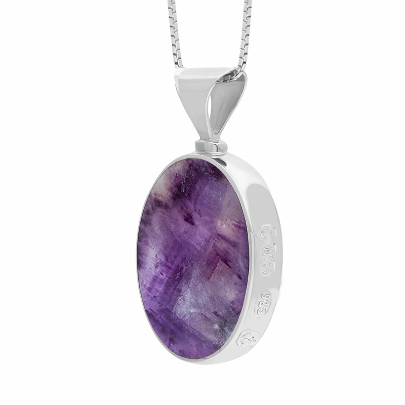 Sterling Silver Blue John Mother of Pearl Hallmark Double Sided Oval Necklace
