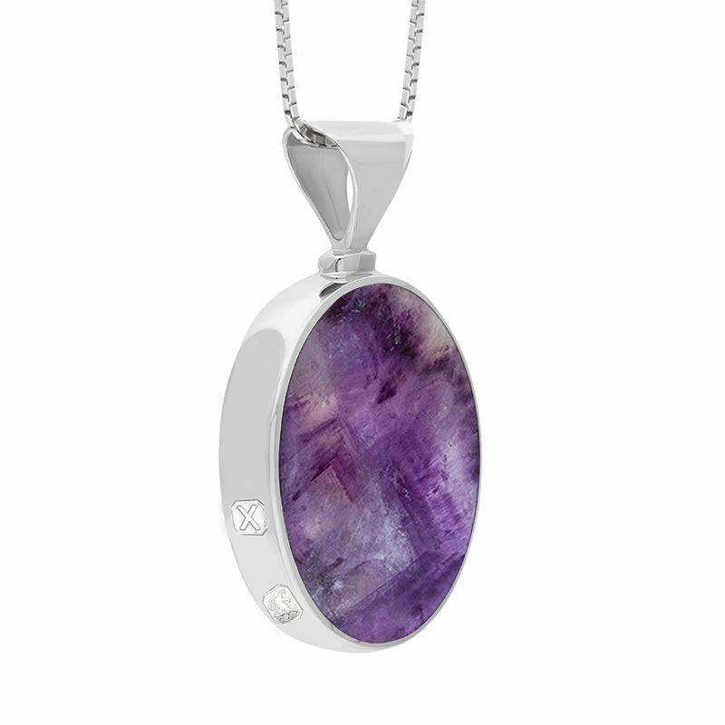 Sterling Silver Blue John Mother of Pearl Hallmark Double Sided Oval Necklace