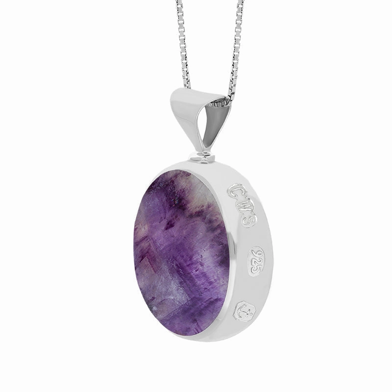 Sterling Silver Blue John Mother of Pearl Queens Jubilee Hallmark Double Sided Round Necklace D