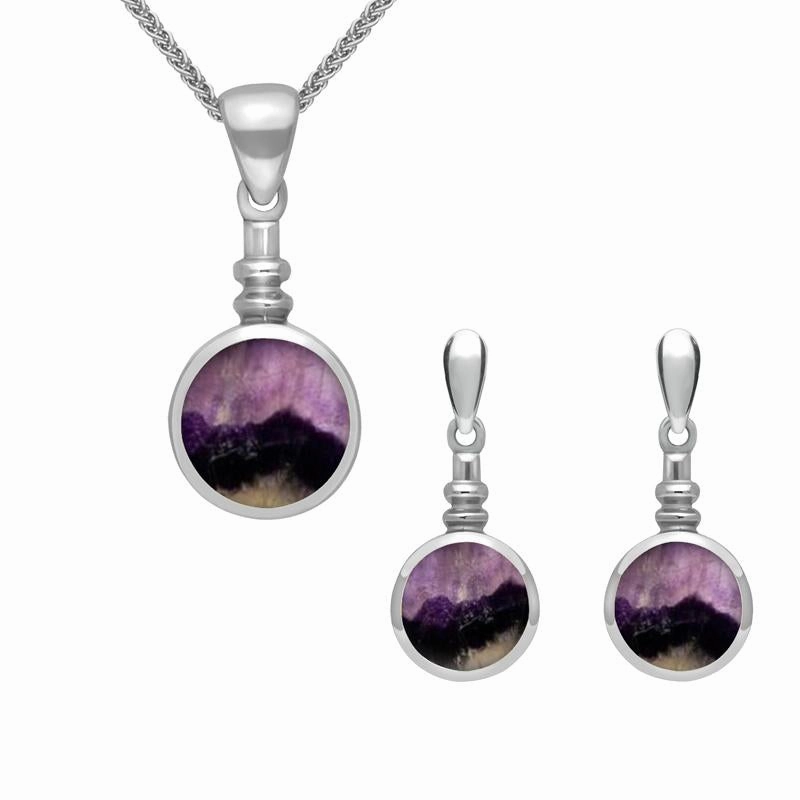 Sterling Silver Blue John Round Bottletop Two Piece Set