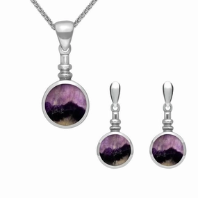Sterling Silver Blue John Round Bottletop Two Piece Set