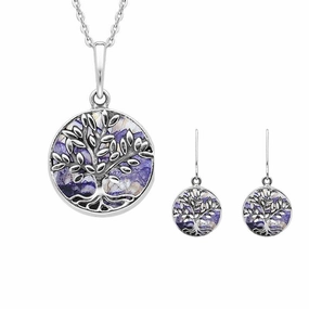 Sterling Silver Blue John Round Large Leaves Tree of Life Two Piece Set