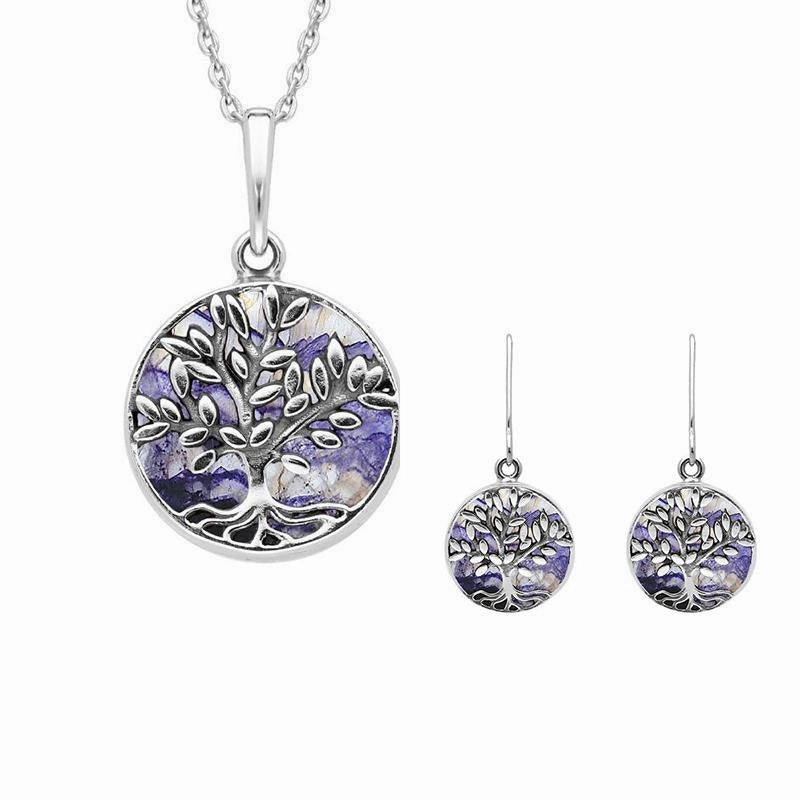 Sterling Silver Blue John Round Large Leaves Tree of Life Two Piece Set
