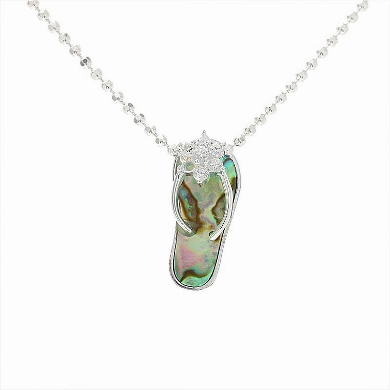 Sterling Silver CZ Plumeria Abalone Shell Slipper Small Pendant (Chain Sold Separately)