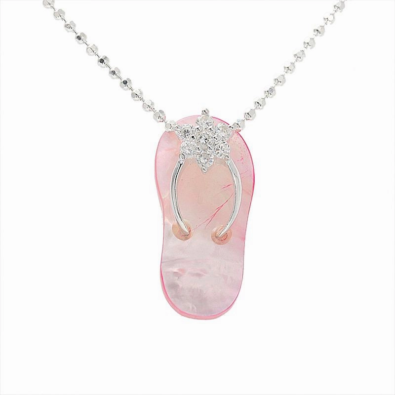 Sterling Silver CZ Plumeria Pink Shell Slipper Pendant (Chain Sold Separately)