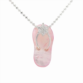Sterling Silver CZ Plumeria Pink Shell Slipper Pendant (Chain Sold Separately)