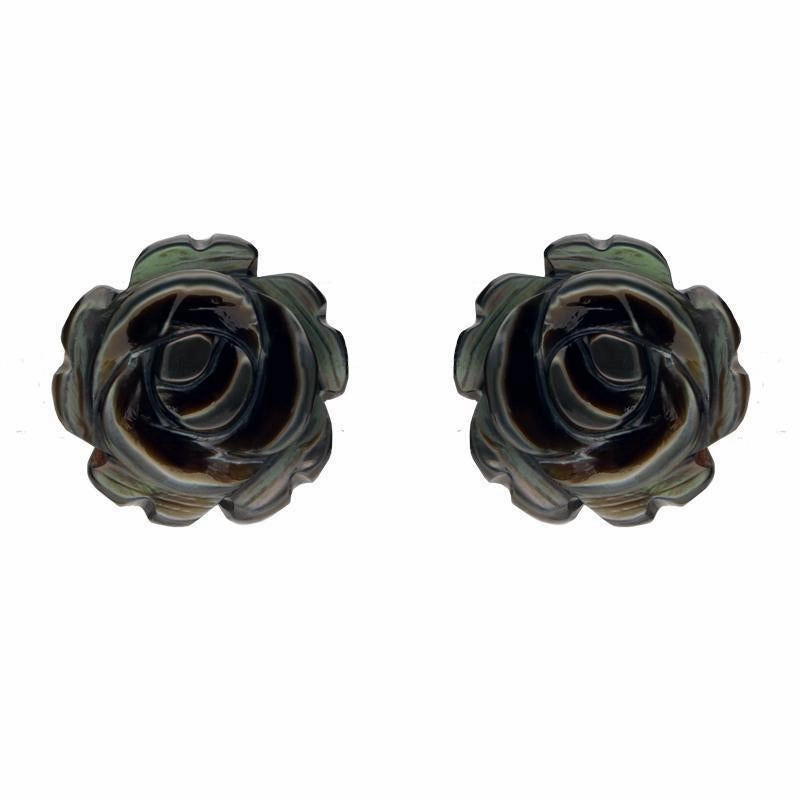 Sterling Silver Dark Mother of Pearl Tuberose 8mm Rose Stud Earrings