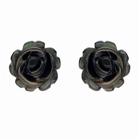 Sterling Silver Dark Mother of Pearl Tuberose 8mm Rose Stud Earrings