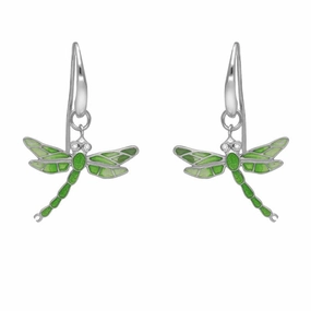 Sterling Silver Diamond Green Enamel Style & Fashion Dragonfly Drop Earrings