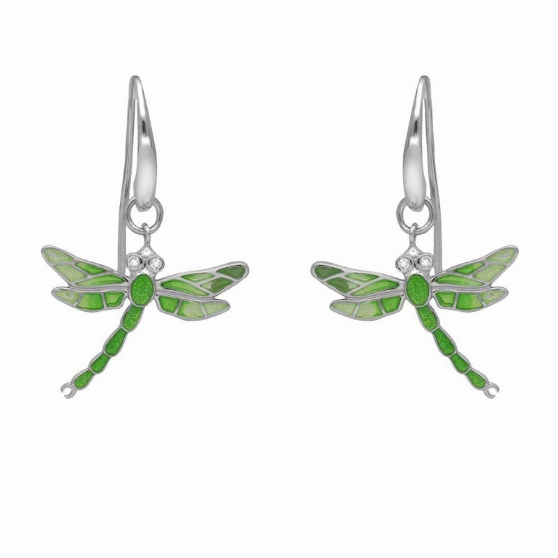 Sterling Silver Diamond Green Enamel Style & Fashion Dragonfly Drop Earrings