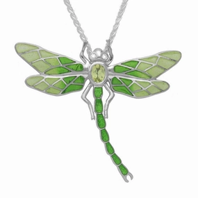 Sterling Silver Diamond Peridot Enamel Style & Fashion Dragonfly Necklace