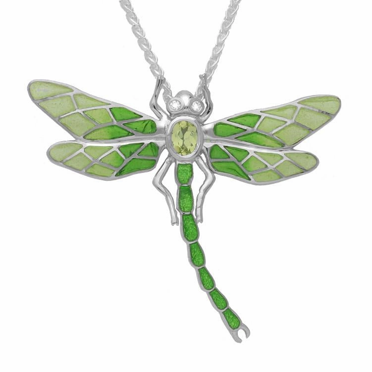 Sterling Silver Diamond Peridot Enamel Style & Fashion Dragonfly Necklace
