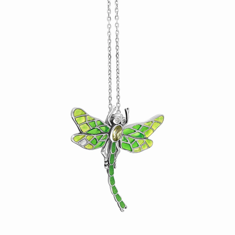 Sterling Silver Diamond Peridot Enamel Style & Fashion Dragonfly Necklace