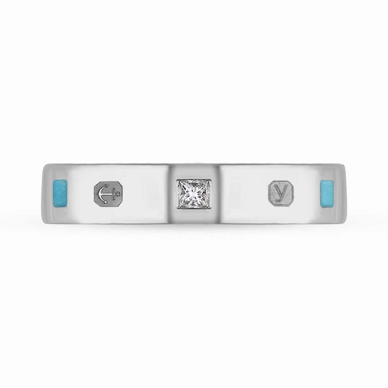 Sterling Silver Diamond Turquoise King's Coronation Hallmark Princess Cut 4mm Ring D