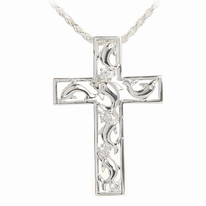 Sterling Silver Dolphin with CZ and Border Cross Pendant (Chain Sold Separately)