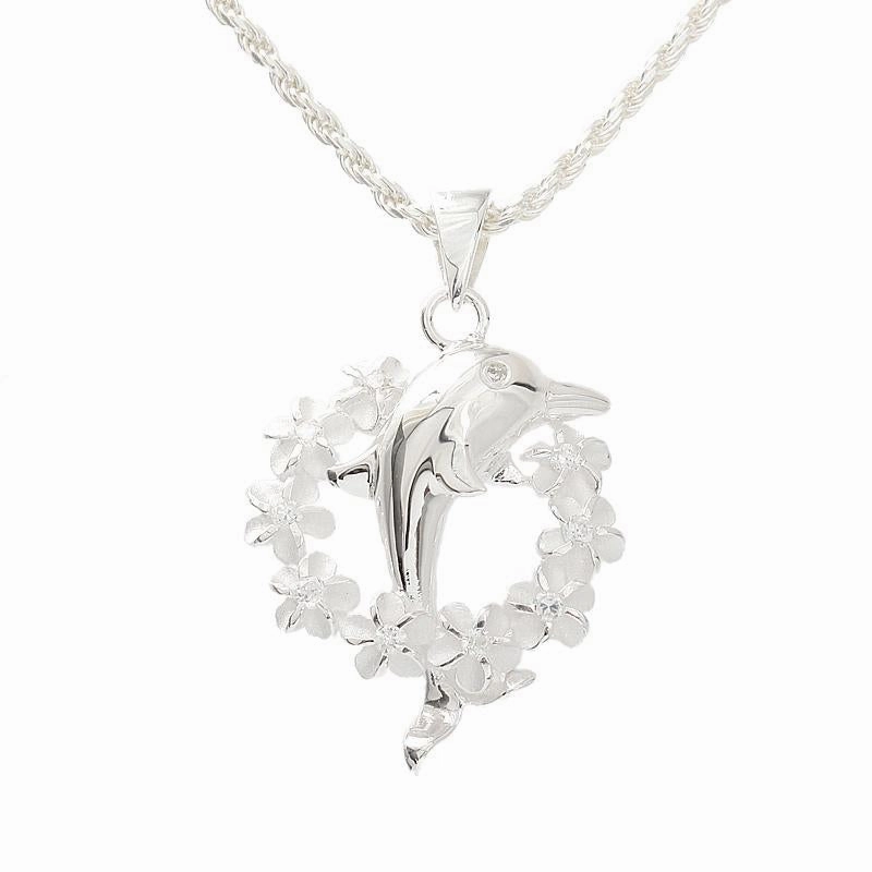 Sterling Silver Dolphin with Plumeria Lei Pendant (Chain Sold Separately)