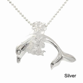 Sterling Silver Dolphin with Plumeria Lei Pendant (S/M) (Chain Sold Separately)