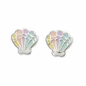 Sterling Silver Enamel Rainbow Shell Stud Earrings A2054