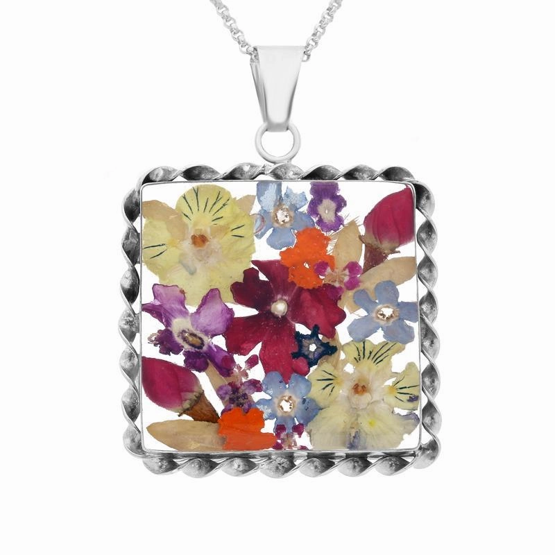 Sterling Silver Floral Mixed Petal Large Square Necklace