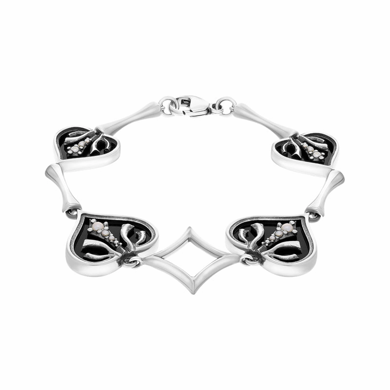 Sterling Silver Freshwater Pearl Whitby Jet Victoriana Hearts Bracelet