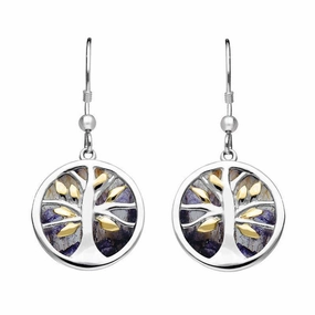 Sterling Silver Gold Plate Blue John Round Tree of Life Drop Earrings