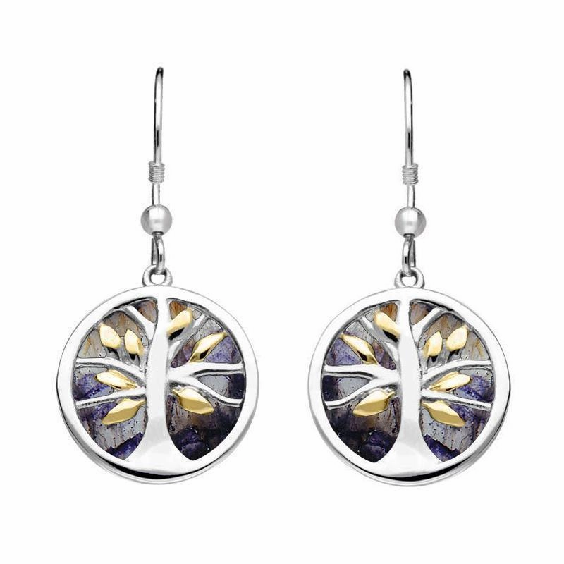 Sterling Silver Gold Plate Blue John Round Tree of Life Drop Earrings