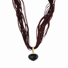 Sterling Silver Gold Plated Whitby Jet Burgundy Silk Triangle Necklace D