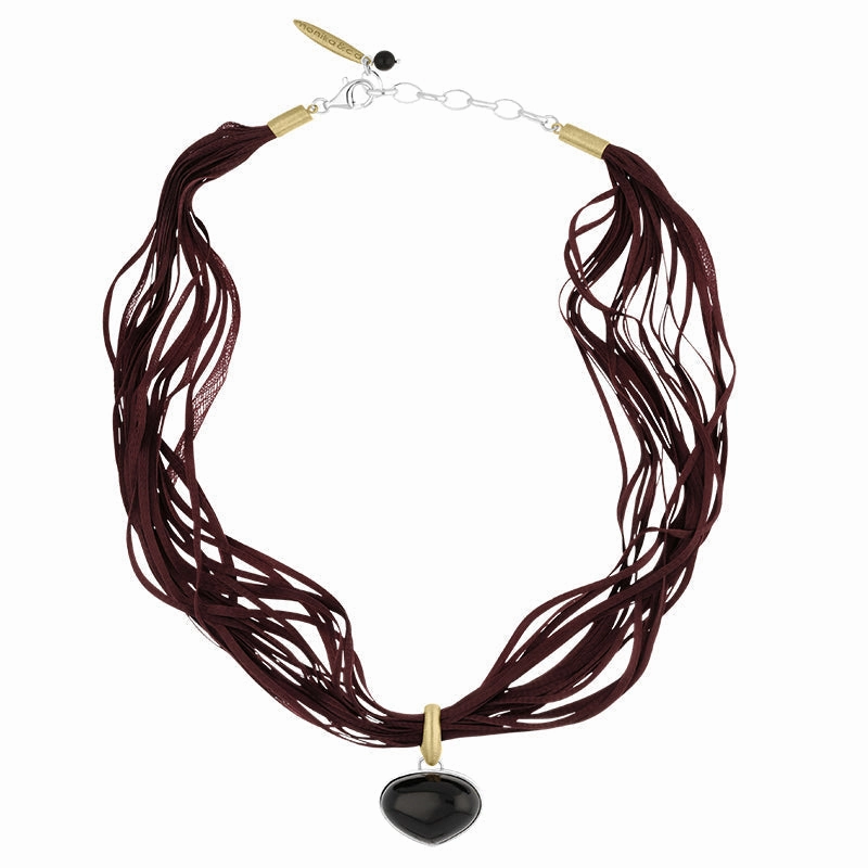 Sterling Silver Gold Plated Whitby Jet Burgundy Silk Triangle Necklace D