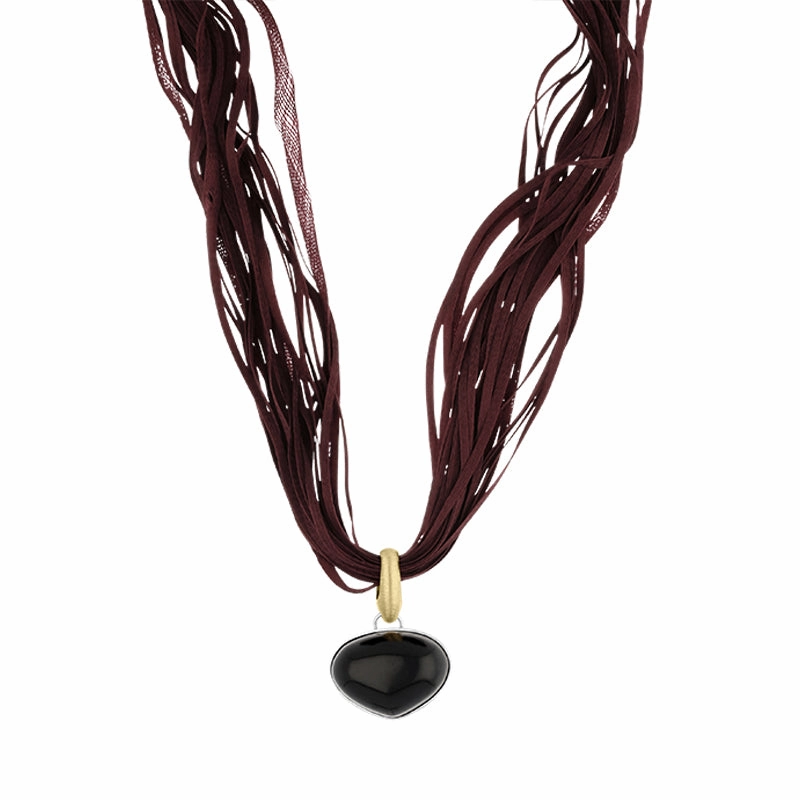 Sterling Silver Gold Plated Whitby Jet Burgundy Silk Triangle Necklace D