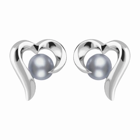 Sterling Silver Grey Pearl Twisted Open Heart Stud Earrings
