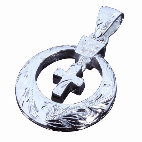 Sterling Silver Hawaiian Scroll Cross in Circle Pendant (Chain Sold Separately)