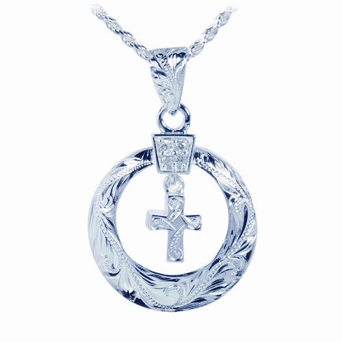 Sterling Silver Hawaiian Scroll Cross in Circle Pendant (Chain Sold Separately)