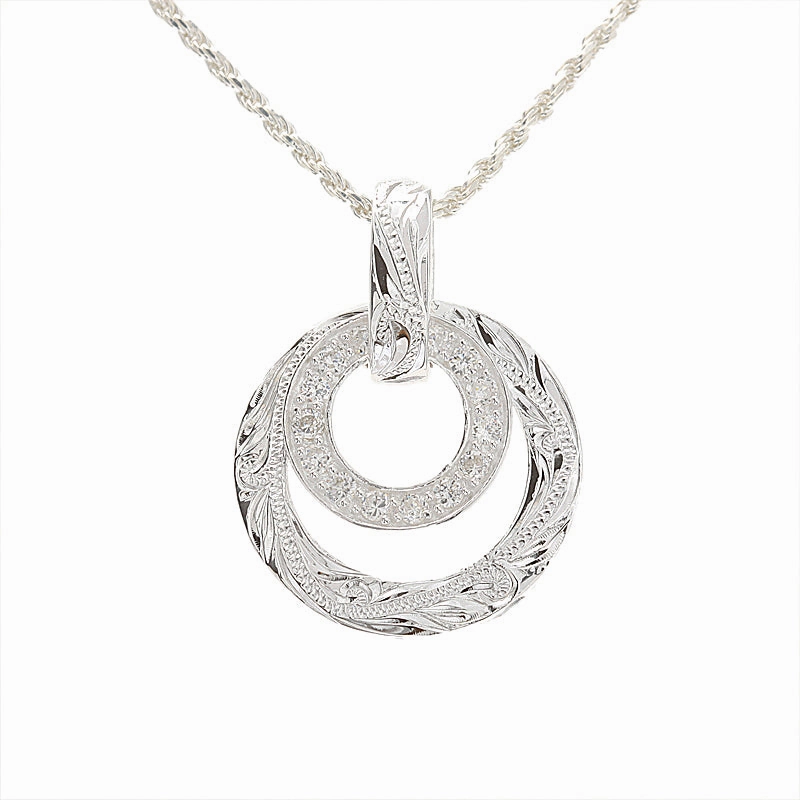 Sterling Silver Hawaiian Scroll Double Ring with CZ Pendant (Chain Sold Separately)