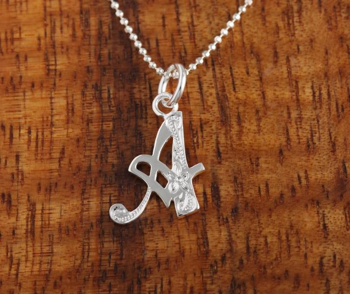 Sterling Silver Hawaiian Scroll Engraved Script Initial Pendant (Chain Sold Separately)